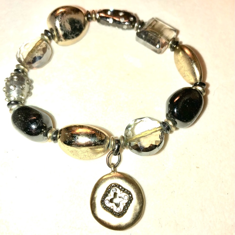 Metallic Gold Silver Gilded Bead Crystal Bangle Bracelet Maltese Cross Charm Vtg